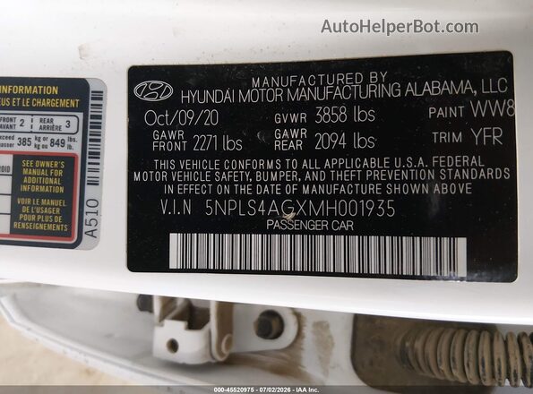 5NPLS4AGXMH001935 2021 HYUNDAI ELANTRA White Շարժիչի բաժամունքի տեսք