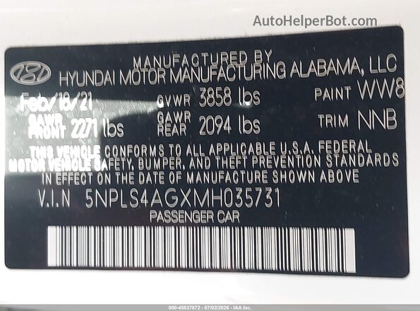 5NPLS4AGXMH035731 2021 HYUNDAI ELANTRA White Widok komory silnika