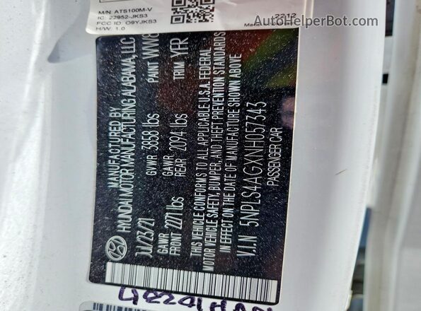 5NPLS4AGXNH057343 2022 HYUNDAI ELANTRA White ძრავის განყოფილების ხედი