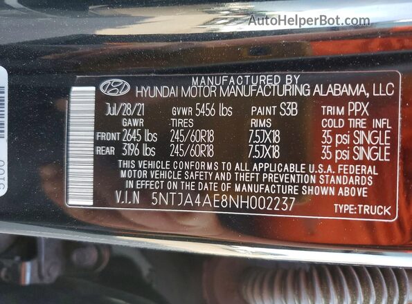 5NTJA4AE8NH002237 2022 HYUNDAI SANTA Черный Вид наклейки с VIN-кодом