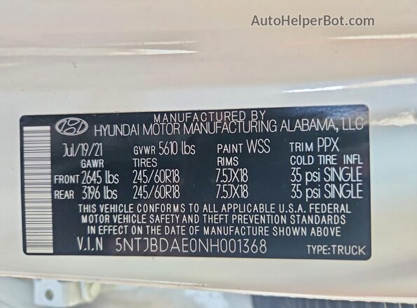 5NTJBDAE0NH001368 2022 HYUNDAI SANTA White VIN կոդի պիտակի տեսք