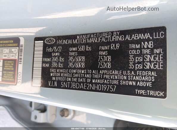 5NTJBDAE2NH019757 2022 HYUNDAI SANTA CRUZ Blue ძრავის განყოფილების ხედი