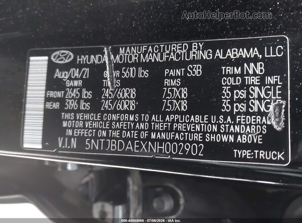 5NTJBDAEXNH002902 2022 HYUNDAI SANTA CRUZ Black Vista del compartimento del motor