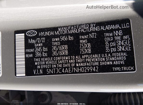 5NTJC4AE7NH029942 2022 HYUNDAI SANTA CRUZ Gray ძრავის განყოფილების ხედი