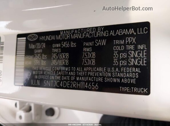 5NTJC4DE2RH114656 2024 HYUNDAI SANTA CRUZ White Շարժիչի բաժամունքի տեսք