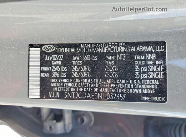 5NTJCDAE0NH032357 2022 HYUNDAI SANTA Gray Widok naklejki z numerem VIN