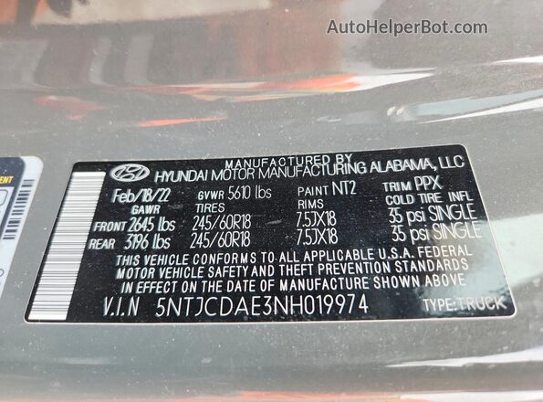 5NTJCDAE3NH019974 2022 HYUNDAI SANTA Gray Widok komory silnika