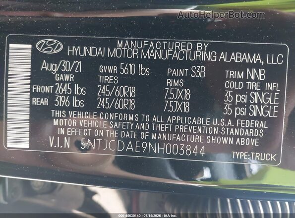 5NTJCDAE9NH003844 2022 HYUNDAI SANTA CRUZ Black Vista del compartimento del motor
