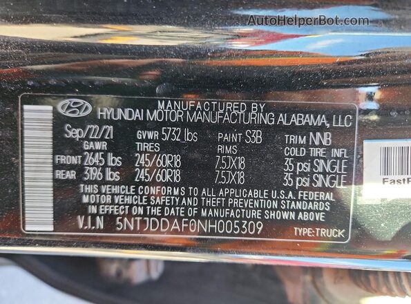 5NTJDDAF0NH005309 2022 HYUNDAI SANTA Черный Вид наклейки с VIN-кодом