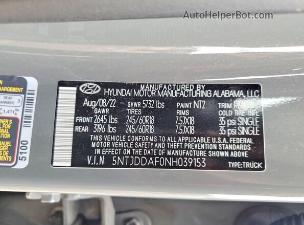 5NTJDDAF0NH039153 2022 HYUNDAI SANTA Gray VIN կոդի պիտակի տեսք