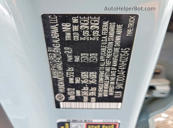 5NTJDDAF4NH021545 2022 HYUNDAI SANTA Turquoise Widok komory silnika