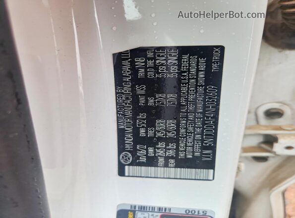 5NTJDDAF4NH032609 2022 HYUNDAI SANTA White VIN კოდის სტიკერის ხედი