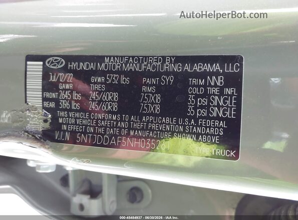 5NTJDDAF5NH035261 2022 HYUNDAI SANTA CRUZ Green Engine compartment view