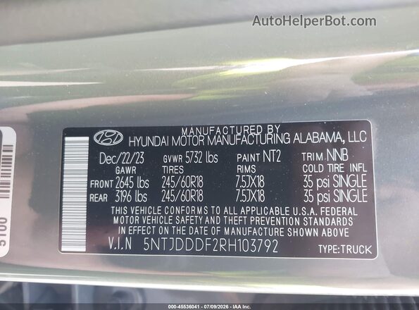 5NTJDDDF2RH103792 2024 HYUNDAI SANTA CRUZ Silver Vista del compartimento del motor