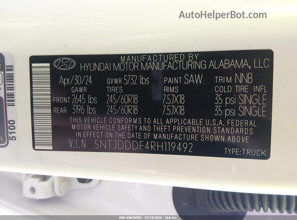 5NTJDDDF4RH119492 2024 HYUNDAI SANTA CRUZ White ძრავის განყოფილების ხედი