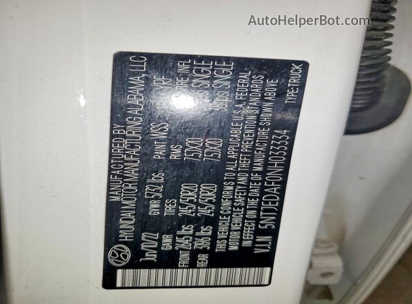 5NTJEDAF0NH033334 2022 HYUNDAI SANTA White Շարժիչի բաժամունքի տեսք