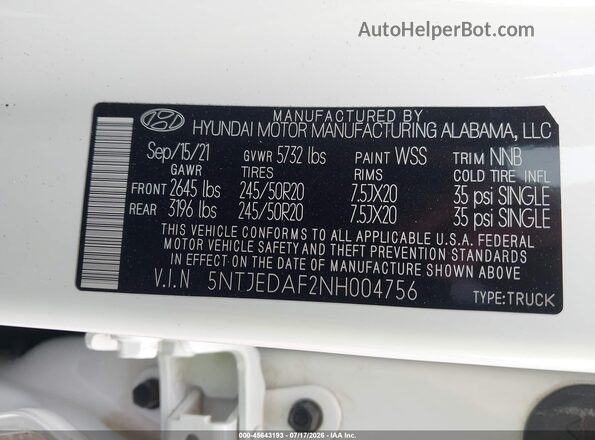 5NTJEDAF2NH004756 2022 HYUNDAI SANTA CRUZ Белый Вид подкапотного пространства