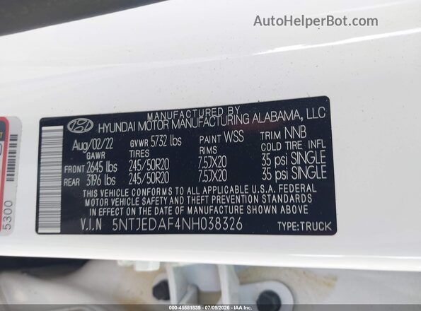 5NTJEDAF4NH038326 2022 HYUNDAI SANTA CRUZ White Вид підкапотного простору