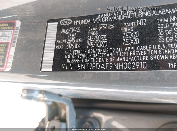5NTJEDAF9NH002910 2022 HYUNDAI SANTA CRUZ Gray Vista del compartimento del motor