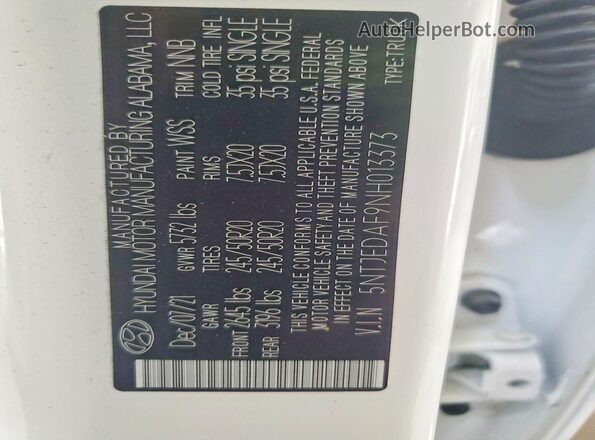5NTJEDAF9NH013373 2022 HYUNDAI SANTA White Widok naklejki z numerem VIN
