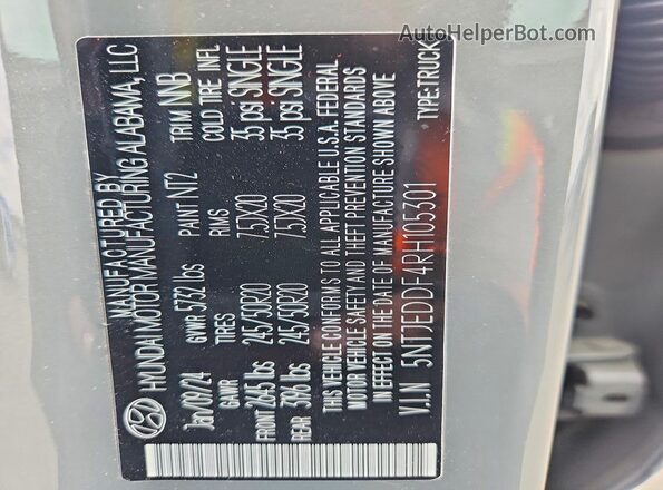 5NTJEDDF4RH105301 2024 HYUNDAI SANTA Gray VIN კოდის სტიკერის ხედი