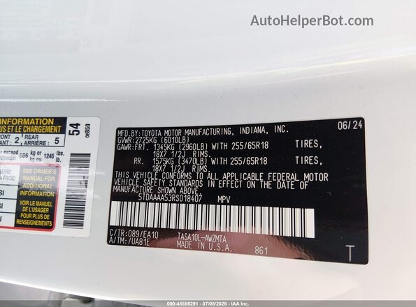 5TDAAAA53RS018407 2024 TOYOTA GRAND HIGHLANDER White ძრავის განყოფილების ხედი