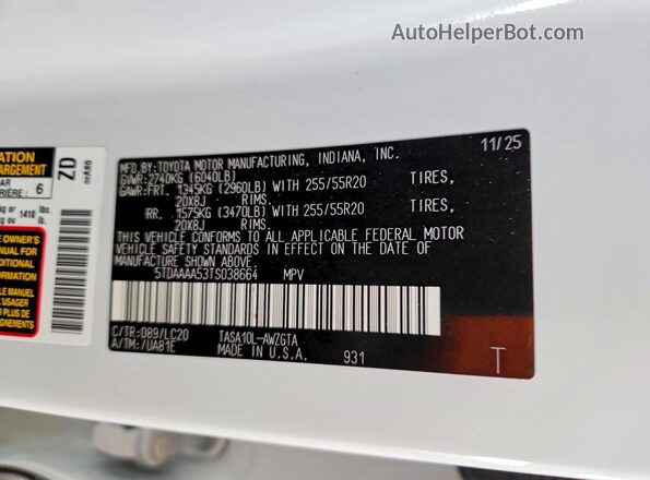 5TDAAAA53TS038664 2026 TOYOTA GRAND White VIN sticker view
