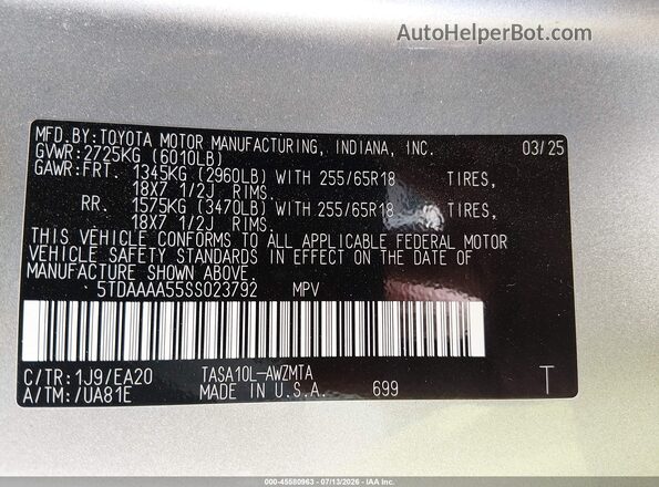 5TDAAAA55SS023792 2025 TOYOTA GRAND HIGHLANDER Silver Vista del compartimento del motor