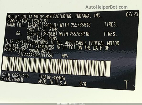 5TDAAAA59RS001580 2024 TOYOTA GRAND HIGHLANDER White Вид підкапотного простору