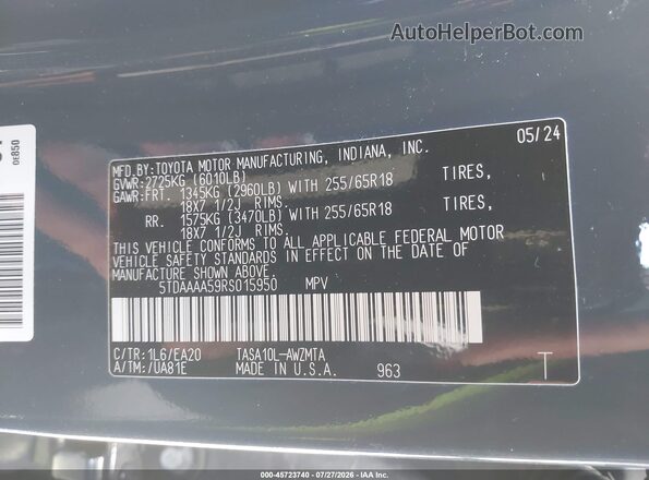 5TDAAAA59RS015950 2024 TOYOTA GRAND HIGHLANDER Blue Engine compartment view