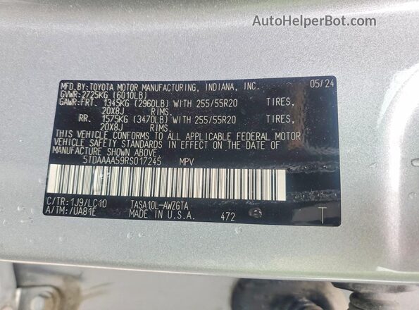 5TDAAAA59RS017245 2024 TOYOTA GRAND Silver Вид наклейки з VIN-кодом