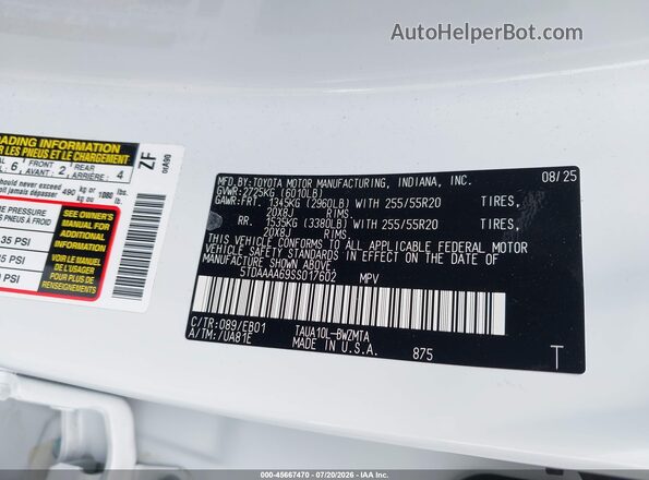 5TDAAAA69SS017602 2025 LEXUS TX 350 White Вид підкапотного простору