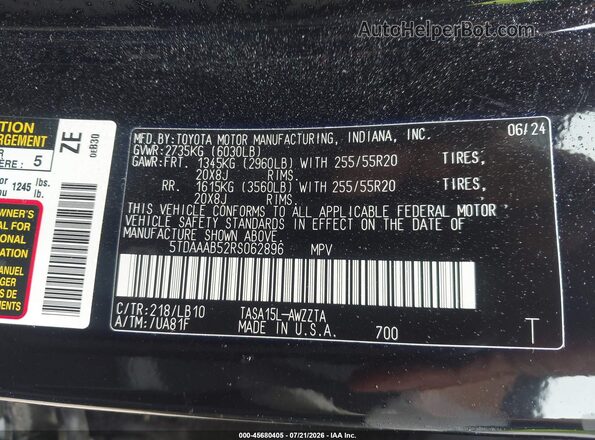 5TDAAAB52RS062896 2024 TOYOTA GRAND HIGHLANDER Black Շարժիչի բաժամունքի տեսք