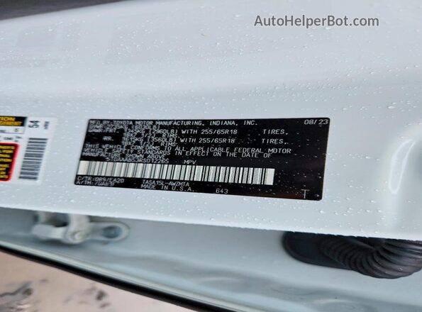 5TDAAAB53RS012265 2024 TOYOTA GRAND White Vista de la etiqueta del VIN