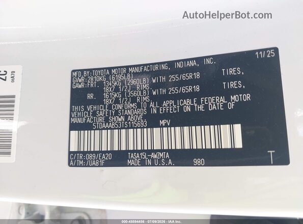 5TDAAAB53TS115693 2026 TOYOTA GRAND HIGHLANDER Белый Вид подкапотного пространства