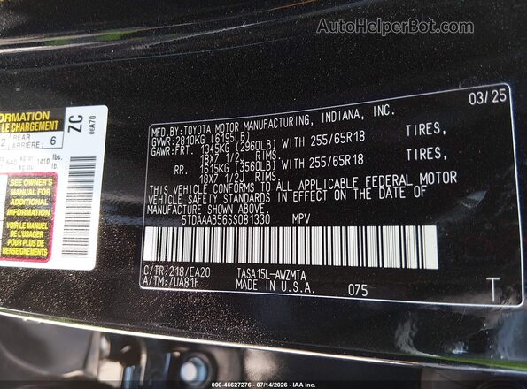 5TDAAAB56SS081330 2025 TOYOTA GRAND HIGHLANDER Black Շարժիչի բաժամունքի տեսք