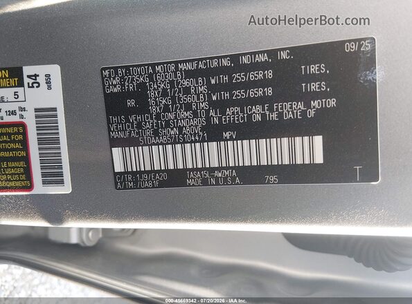 5TDAAAB57TS104471 2026 TOYOTA GRAND HIGHLANDER Silver Vista del compartimento del motor