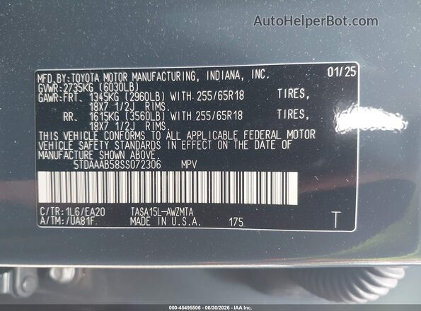 5TDAAAB58SS072306 2025 TOYOTA GRAND HIGHLANDER Gray Շարժիչի բաժամունքի տեսք
