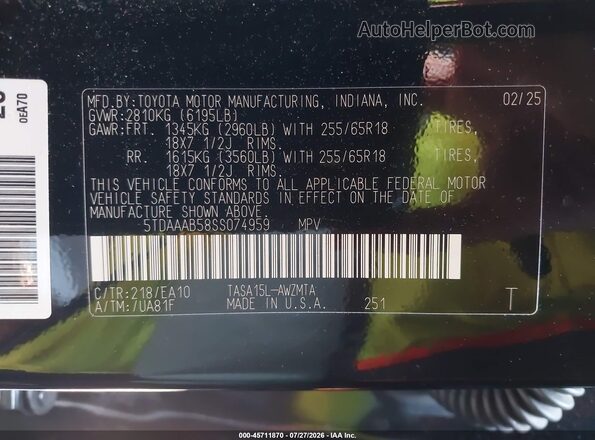 5TDAAAB58SS074959 2025 TOYOTA GRAND HIGHLANDER Black Vista del compartimento del motor