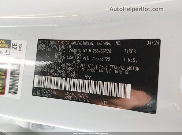 5TDAAAB59RS053953 2024 TOYOTA GRAND HIGHLANDER White Engine compartment view