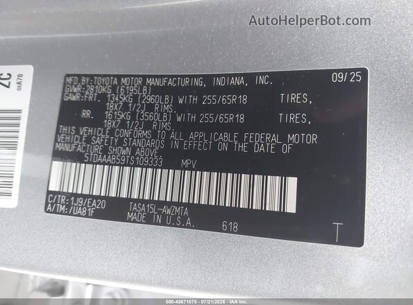 5TDAAAB59TS109333 2026 TOYOTA GRAND HIGHLANDER Silver Вид підкапотного простору