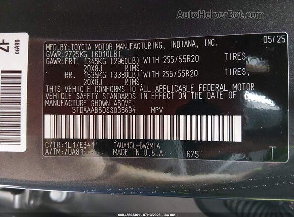 5TDAAAB60SS035694 2025 LEXUS TX 350 Gray Vista del compartimento del motor