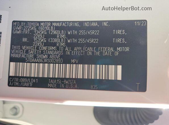 5TDAAAB63RS002893 2024 LEXUS TX White Vista de la etiqueta del VIN