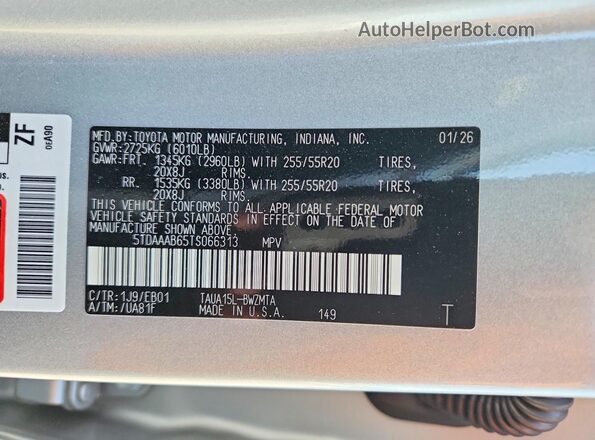 5TDAAAB65TS066313 2026 LEXUS TX Silver VIN կոդի պիտակի տեսք
