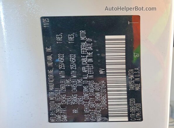 5TDABAB62TS019494 2026 LEXUS TX Белый Вид наклейки с VIN-кодом