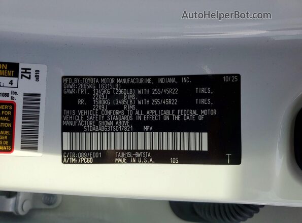 5TDABAB63TS017821 2026 LEXUS TX White VIN sticker view
