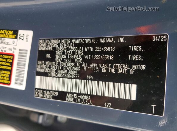 5TDACAB51SS048777 2025 TOYOTA GRAND Blue Widok naklejki z numerem VIN
