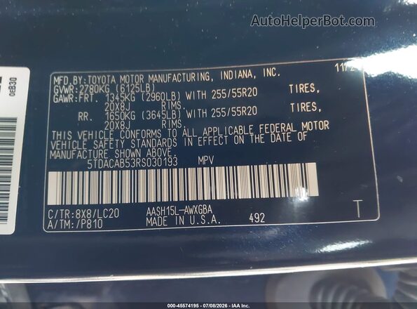 5TDACAB53RS030193 2024 TOYOTA GRAND HIGHLANDER Blue Engine compartment view