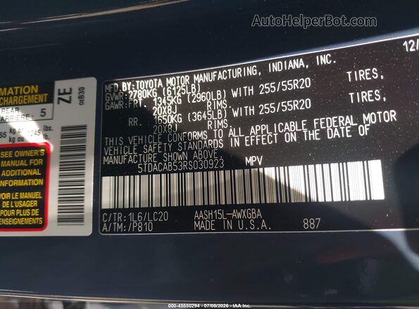 5TDACAB53RS030923 2024 TOYOTA GRAND HIGHLANDER Blue Engine compartment view
