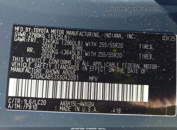 5TDACAB53SS042091 2025 TOYOTA GRAND HIGHLANDER Blue Engine compartment view